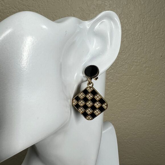 Earring Black and Golden Checkerboard Patterned Trendy Earrings Gambit  Baddie - Picture 4 of 9